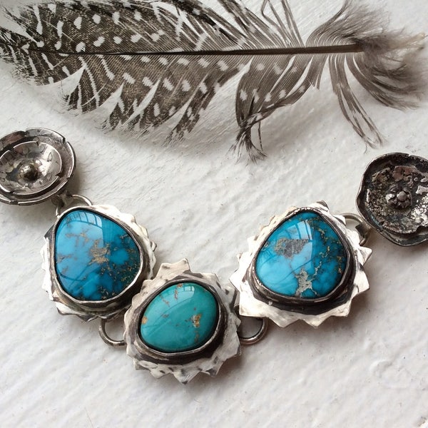 Sterling Turquoise Bracelet Silver Floral Flowers Handmade Raw Organic Jewelry, Statement Bracelet