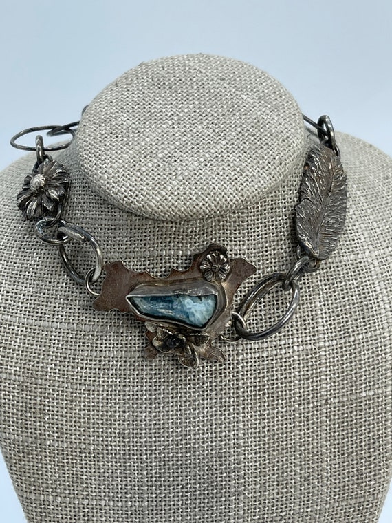 Sterling Bracelet, Raw Aquamarine Bracelet,  Silver Floral Bracelet, Feather Bracelet, Handmade Raw Organic Jewelry