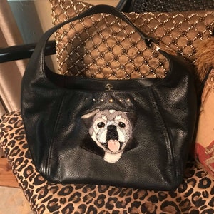 Custom made leather appliqué on handbag of your dog