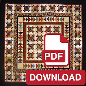 May include: A colorful quilt pattern with a red, white, and blue PDF download button. The quilt is made up of squares and triangles in various colors and patterns.