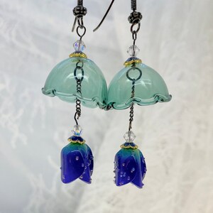 Earrings Blue Green Delicate Glass Umbrellas Lampwork Beads Cobalt Blue & Green Beaded Jewelry Dainty Gift for her Gift for Wife Feminine