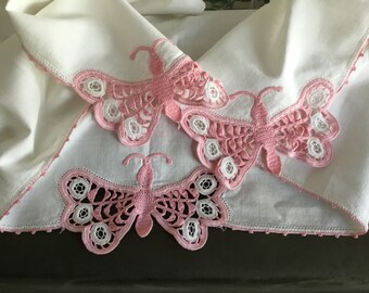 Price Reduced Pink Crocheted Butterflies Flit Around on a White Vintage Cotton Tabletop Runner Dresser Buffet Scarf Pink Crocheted Edges