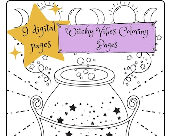 May include: Black and white line art of a witchy-themed coloring page. The image features a cauldron, an open book, potion bottles, and the text "9 digital pages" and "Witchy Vibes Coloring Pages". Stars and moons decorate the background.