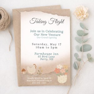 Invitación para lanzamiento de negocio de estilo rústico, con temática de "Tomando vuelo" (descarga digital)