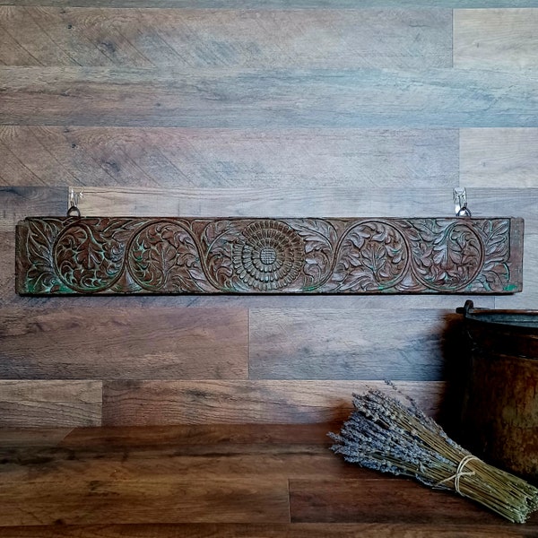DAECOUR Vintage Architectural Salvaged Hand Carved Panel Solid Teak Wood Rustic Worldly Bohemian Antique Wall Decor Art Imported from India