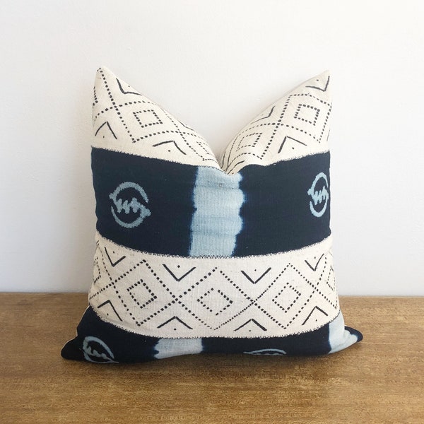 Blue, White and Black Handwoven African Mudcloth Pillow Cover // 20 x 20  No. 0109