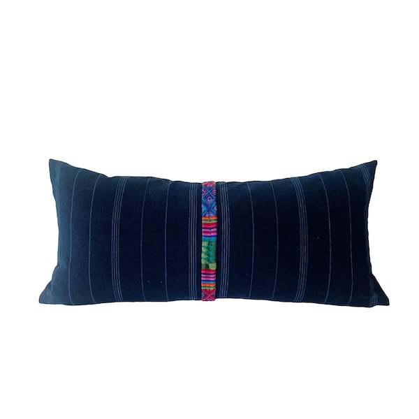 Guatemalan Blue Embroidered Corte Indigo Lumbar Pillow Cover with Embroidered Detail // 12 x 24 No. 0298