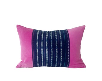 Bright Pink Velvet Lumbar with Vintage Striped Guatemalan Indigo Corte Fabric Detail Pillow Cover // 14 x 20 No. 0326