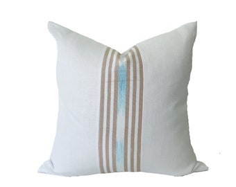 White Hemp Fabric with Beige and Blue Stripe African Aso Oke Handwoven Fabric Detail Pillow Cover // 22 x 22  No. 0327