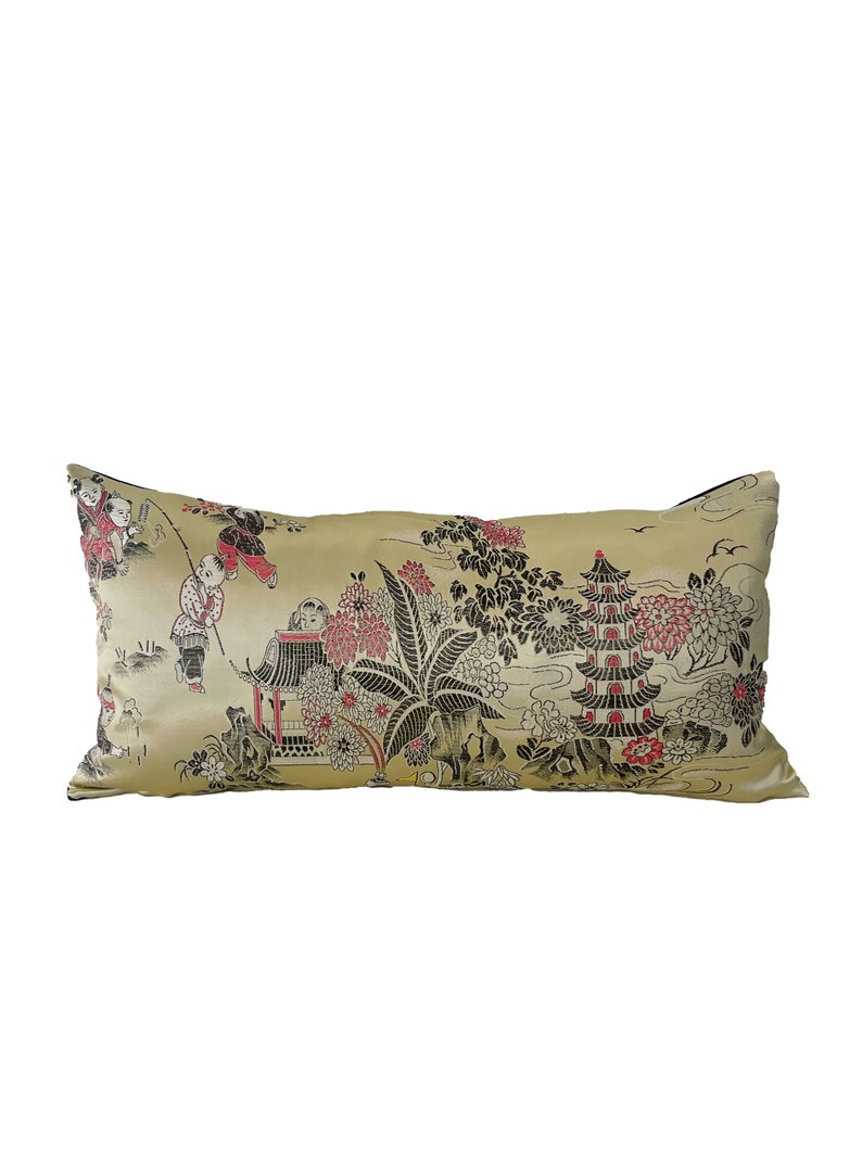 Vintage Gold and Black Chinoiserie Scene Lumbar Pillow Cover // 12 X 20 ...