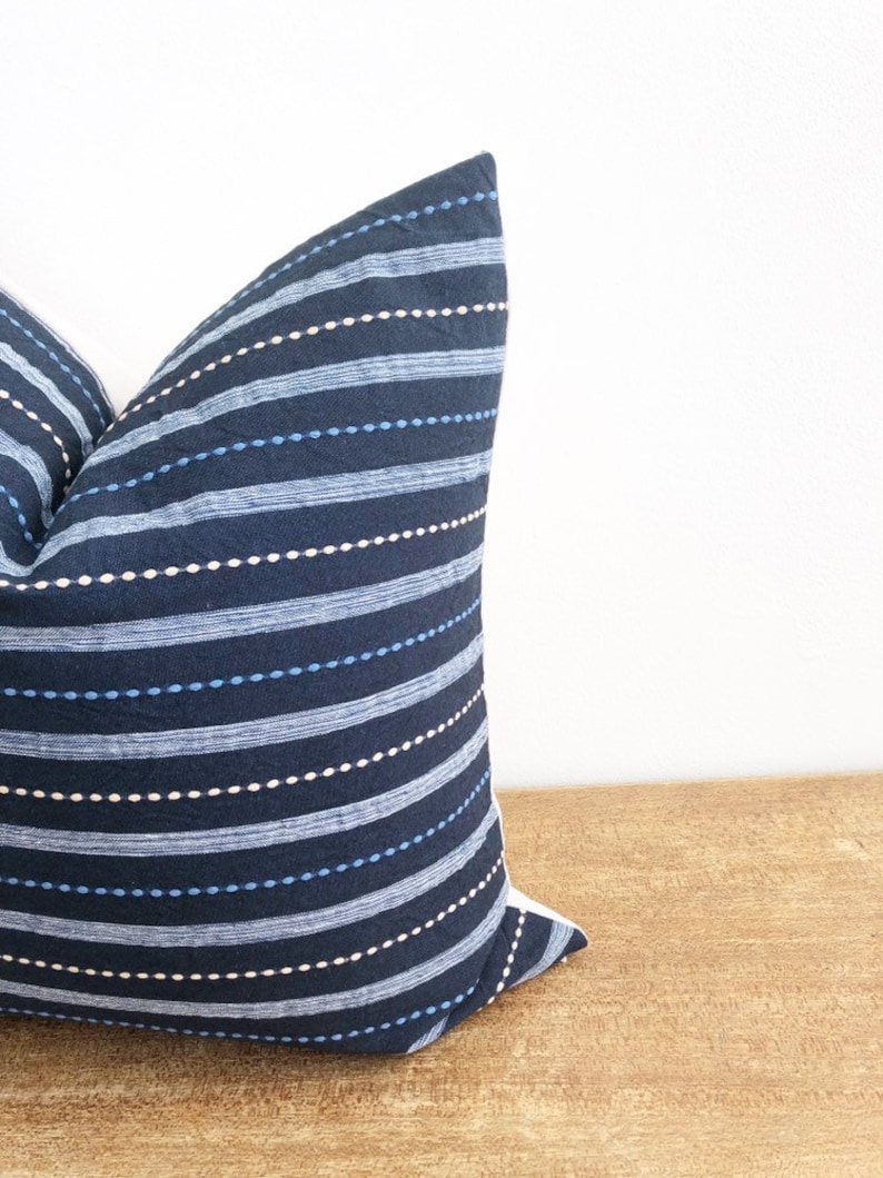 Handwoven Chiangmai Tribal Navy Blue and Oatmeal Striped Pillow Cover 20 x 20 No 079
