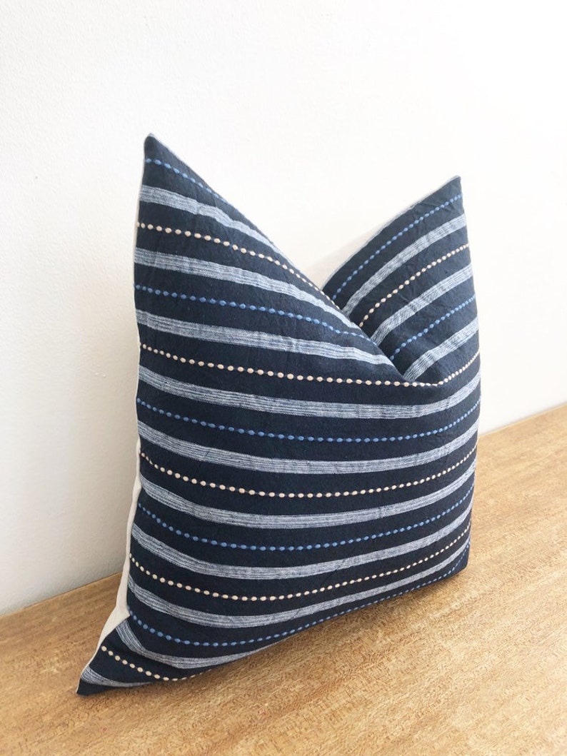 Handwoven Chiangmai Tribal Navy Blue and Oatmeal Striped Pillow Cover 20 x 20 No 079