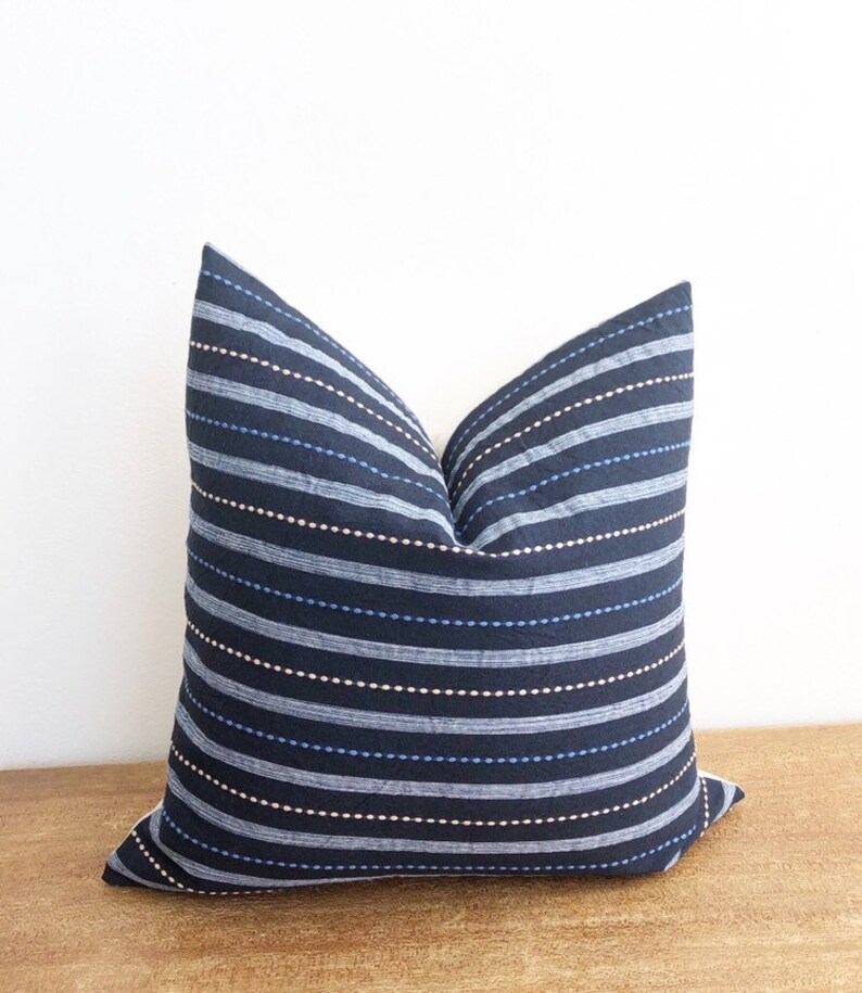Handwoven Chiangmai Tribal Navy Blue and Oatmeal Striped Pillow Cover 20 x 20 No 079
