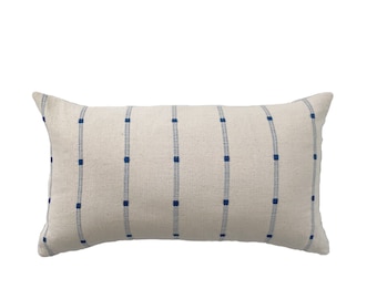 Handwoven Chiangmai Tribal Off-White and Blue Striped Lumbar Pillow Cover // 12 x 20 // 14 x 20  No. 0259