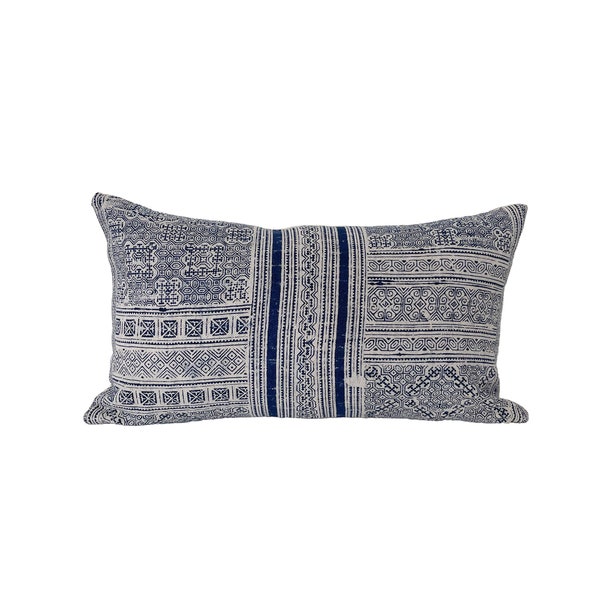 Vintage Indigo Hmong Handwoven Hemp Batik Lumbar Pillow Cover // 12 x 20  No. 0156