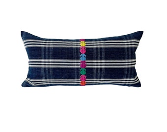 Guatemalan Blue and White Embroidered Corte Indigo with Bright Hand Embroidered Detail Lumbar Pillow Cover // 14 x 26  No. 0287