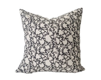 Chiangmai Charcoal Gray and Off-White Floral Blockprint Tribal Pillow Cover // 18 x 18 // 20 x 20 // 22 x 22 // 24 x 24 No. 0243