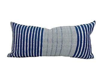 Chiangmai Blue and White Striped Indigo Batik Tribal Lumbar Pillow Cover // 12 x 24 // 14 X 26 No. 094