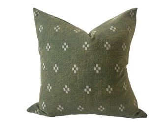 Green Hmong Blockprint Tribal Batik Cross Pillow Cover // Made to Order  No. 0272