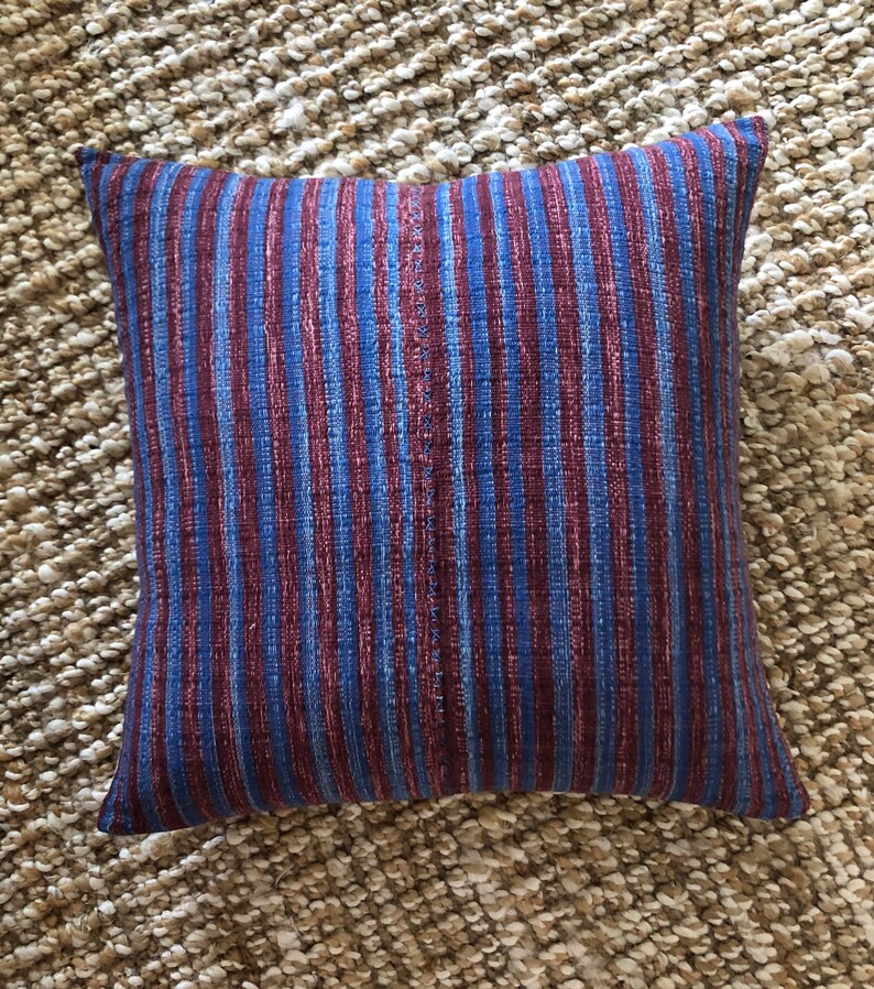 Hmong Handwoven Stripe Indigo Blue and Burgundy Tribal Pillow Etsy