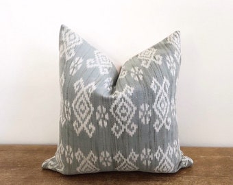 Light Blue Green and White Ikat Pillow Cover // 18 x 18  No. 059