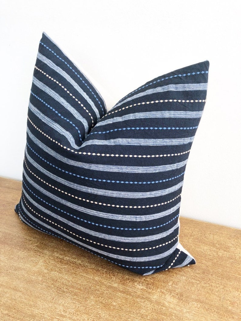 Handwoven Chiangmai Tribal Navy Blue and Oatmeal Striped Pillow Cover 20 x 20 No 079
