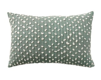 Guatemalan Handwoven Green and White Pom Pom Tribal Lumbar Pillow Cover // 16 x 24  No. 0210