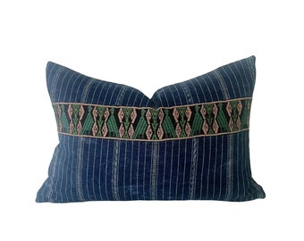Guatemalan Striped Blue Corte Indigo Lumbar Pillow Cover with Embroidered Quetzel Bird Detail // 14 x 20  No. 0330