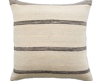 Handwoven Indian Wool Off-White and Brown Stripe Tribal Pillow Cover // 22 x 22 No. 0197