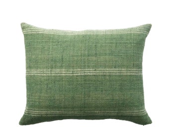 Handwoven Indian Wool Green and Off-White Stripe Tribal Lumbar Pillow Cover // 16 x 20 No. 0194