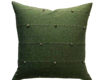 Chiangmai Tribal Green Pillow Cover with Little Pom Pom Tassel Detail // 20 x 20  No. 081