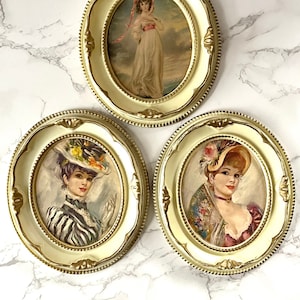 Vintage French Fashion Prints: Oval Frames, Vanity Decor - Set of 3