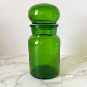 Vintage Green Glass Bubble Top Apothecary Jar | Made in Belgium | Bathroom Litchen Storage Container | 6.5 Inches Tall |