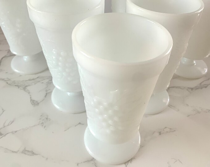 Indiana Milk Glass Footed Drinking Glasses Set of 7 Harvest Grape 1960s