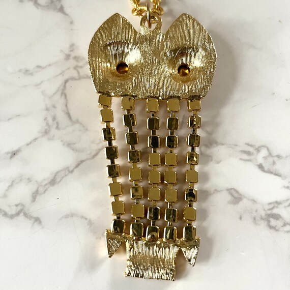 Vintage Owl Necklace Gold Tone with Citrine Rhine… - image 6