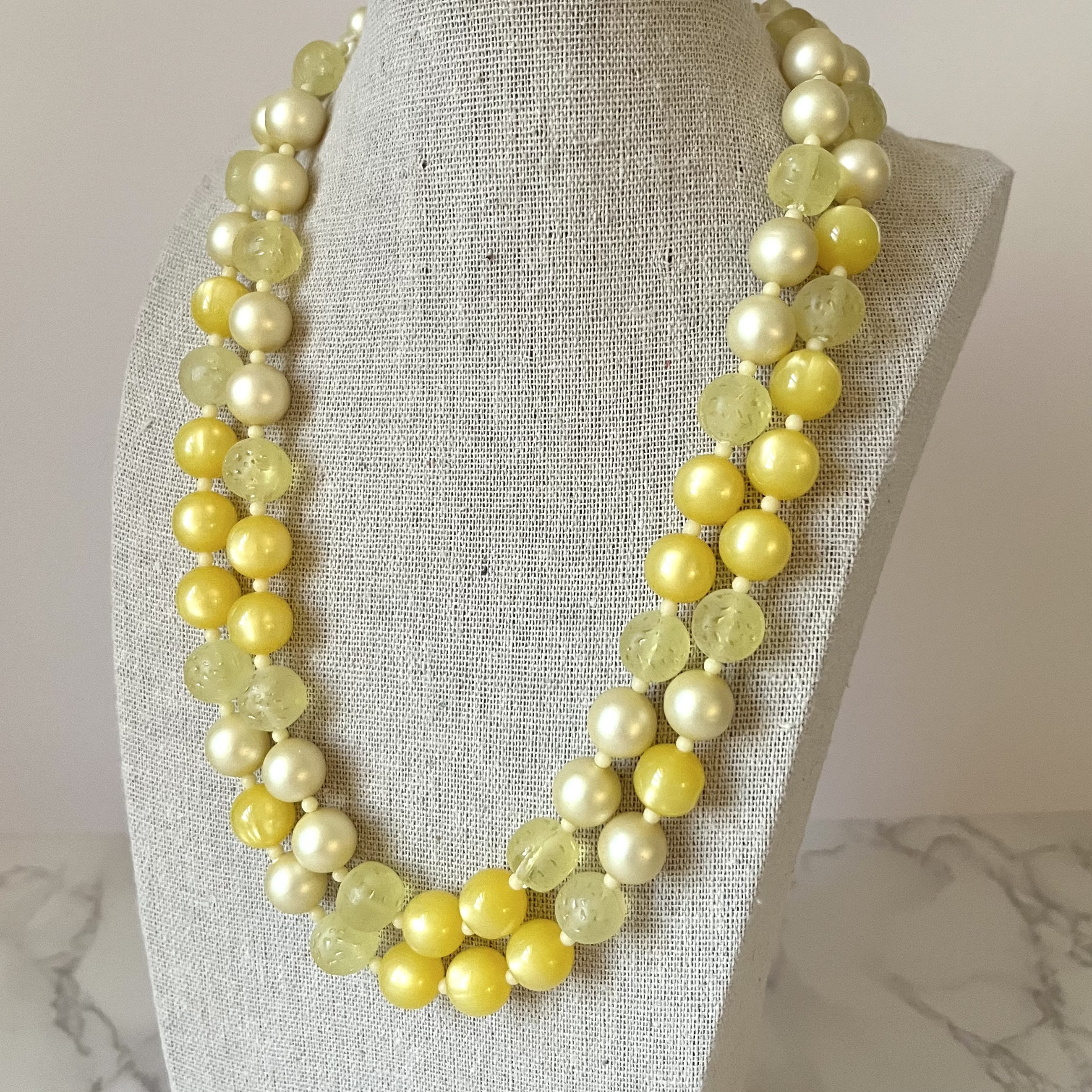 Vintage Double Strand Bead Necklace Signed Japan Yellow