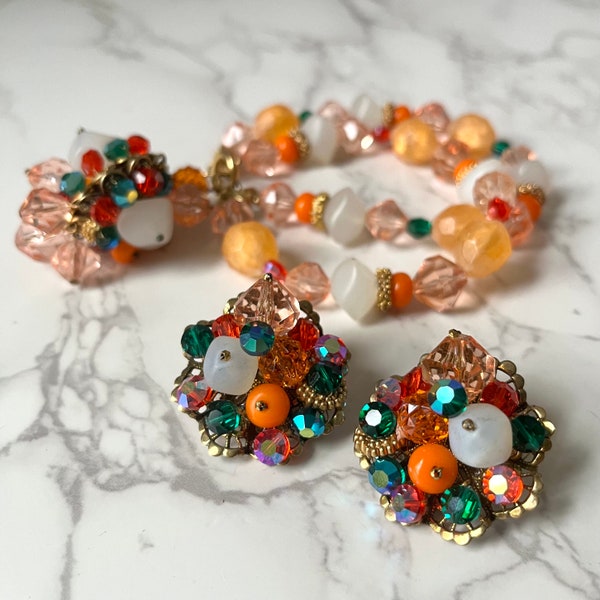 Vintage Bracelet and Earring Set West Germany Style | Orange Pink and White Fruit Salad Beads with Gold Tone Filigree Detail | 1950s 1960s