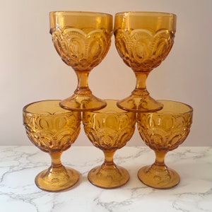 L.E. Smith Amber Moon and Stars Claret Wine Glasses Goblets | Set of 5 | Vintage Barware Drinkware