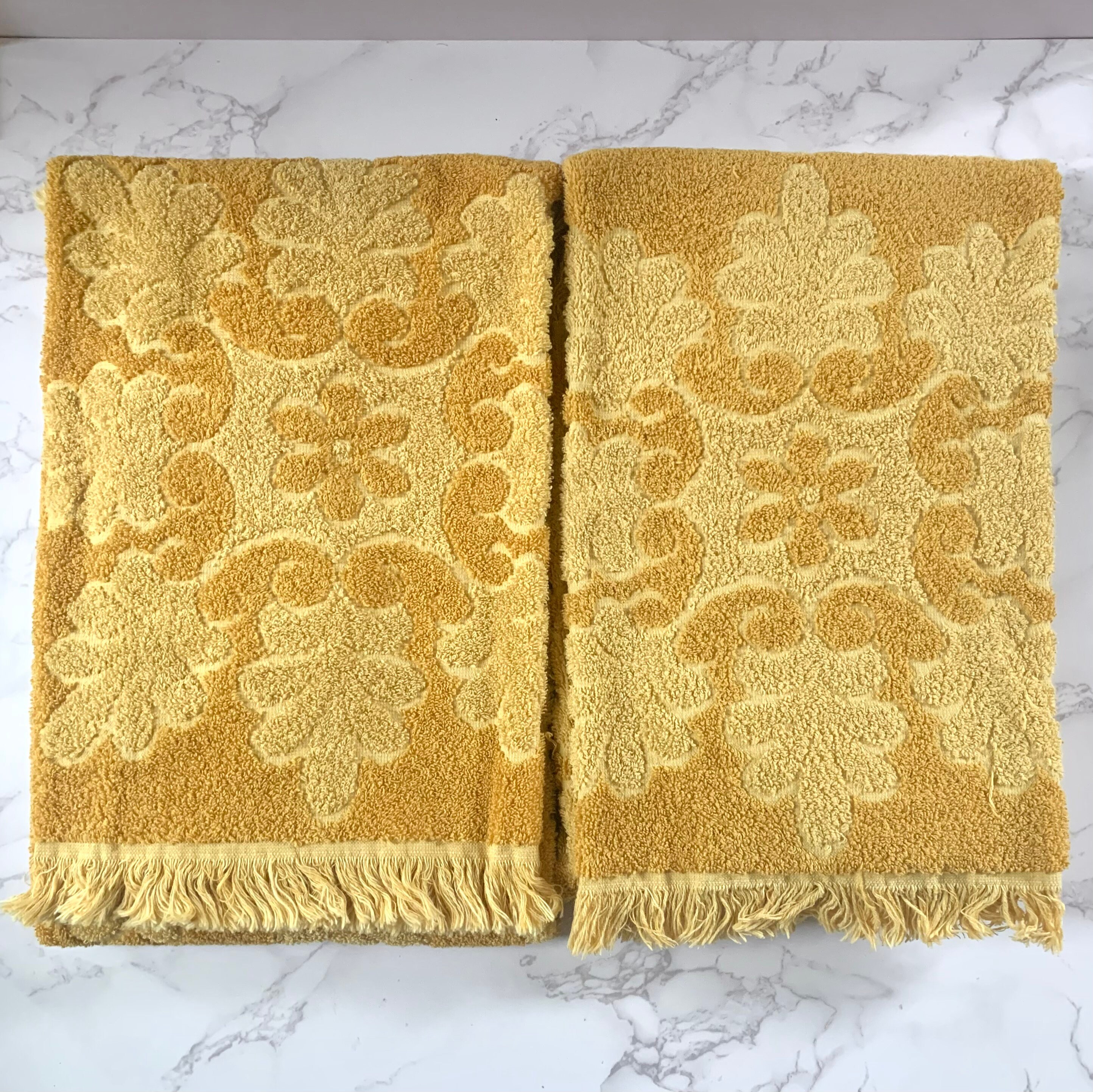 Vintage Fieldcrest Bath Towels Yellow Black Fringe Retro Mid Century Floral  Set