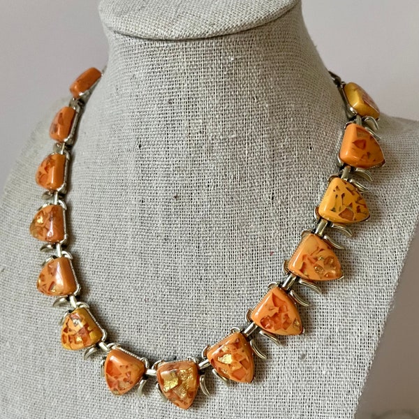 Vintage Coro Confetti Necklace Orange Thermoset Stones with Gold Flecks Adjustable up to 16 Inches | 1950s 1960s Jewelry