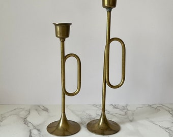 Vintage Brass Candlesticks Horn Shaped Made in Taiwan Interpur | 1960s 1970s Decor