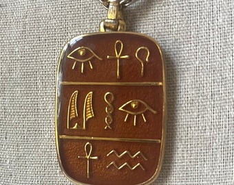 Vintage Trifari Egyptian Revival Pendant Necklace: Copper Enamel Hieroglyphics, 24 Inch Chain