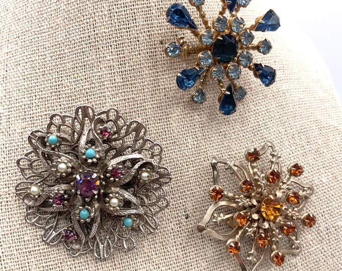 Vintage Brooch Lot 3 Rhinestone Costume Jewelry Pins Gold and Silver Tone Unsigned Prong Set