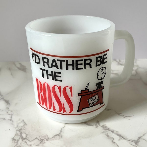 Vintage Milk Glass Mug “I’d Rather be the Boss” by Glasbake | Funny Gift Idea | Coffee Tea Lover Gift | 1960s 1970s Kitchen Barware