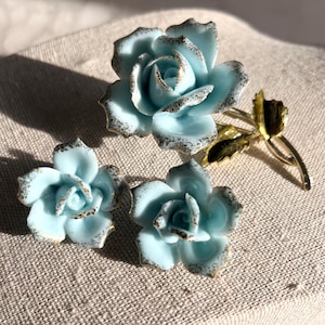 Vintage Coro Brooch and Earring Set Light Blue Roses with Gold Detail | 1960s Costume Jewelry