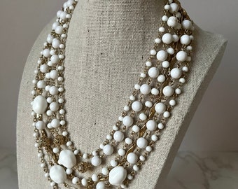 Vintage White Bead Multistrand Necklace: 1950s Gold Tone Statement Jewelry