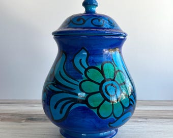 Mid Century Bellini Pottery Ginger Jar | Hand Painted Blue Floral Design | Vintage Italian Ceramics | 9 Inches Tall | MCM Home Decor
