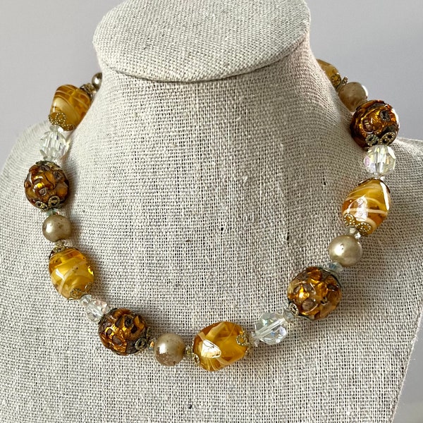 Vintage Coro Choker Necklace with Foiled Citrine and Glass Beads and AB Crystals | Gold Tone Hook Closure | Signed| 1960s Jewelry