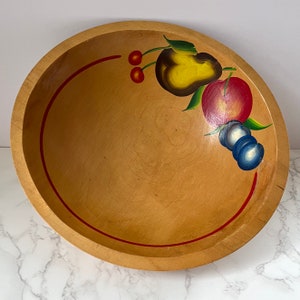 Vintage Wooden Bowl with Hand Painted Fruit Decoration | MCM Kitchen | Wood Turned Footed Bowl