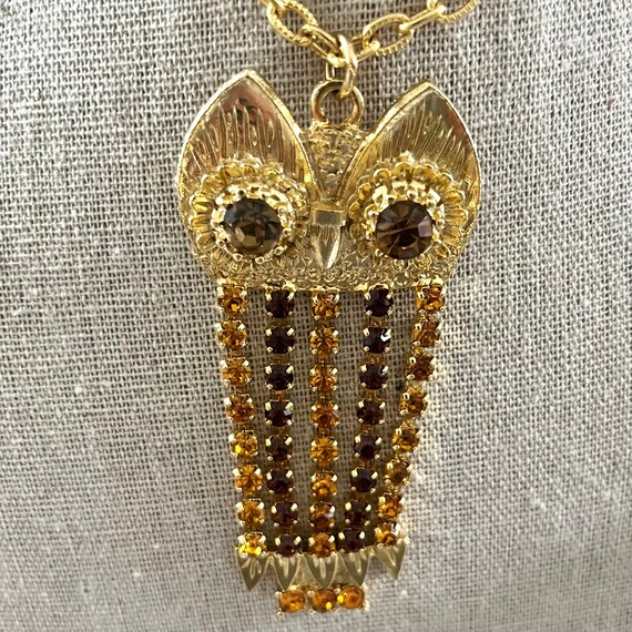 Vintage Owl Necklace Gold Tone with Citrine Rhine… - image 5